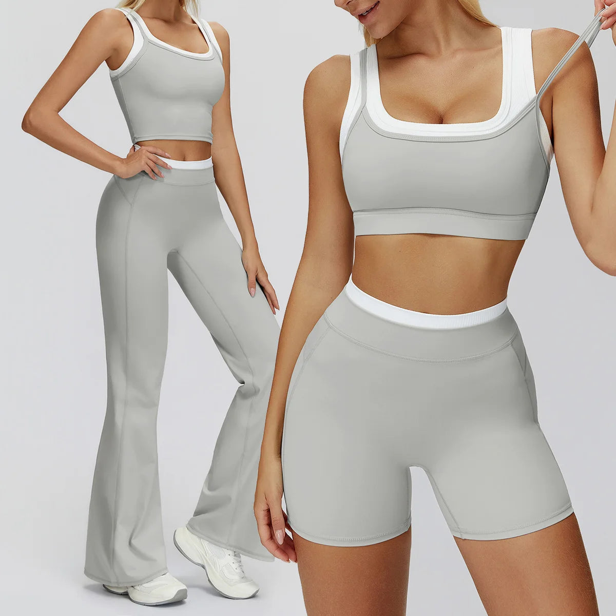 Women Yoga Set featuring a stylish crop top with high-waisted pants and shorts in light gray color.